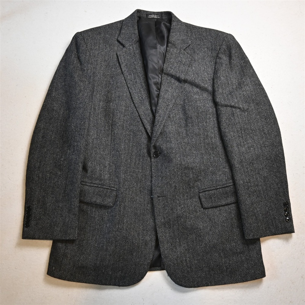 Vtg Mens 42L Gray Herringbone 100% Wool Tweed Mens Blazer Suit Jacket Sport Coat